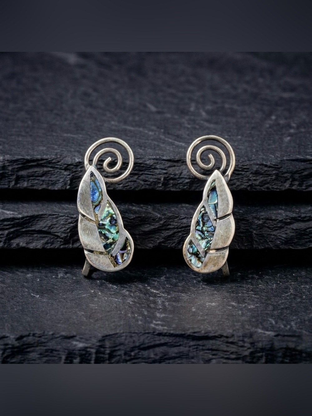 Vintage 70s Mexican Alpaca Silver Abalone Leaf Spiral Climber Screw On Earrings